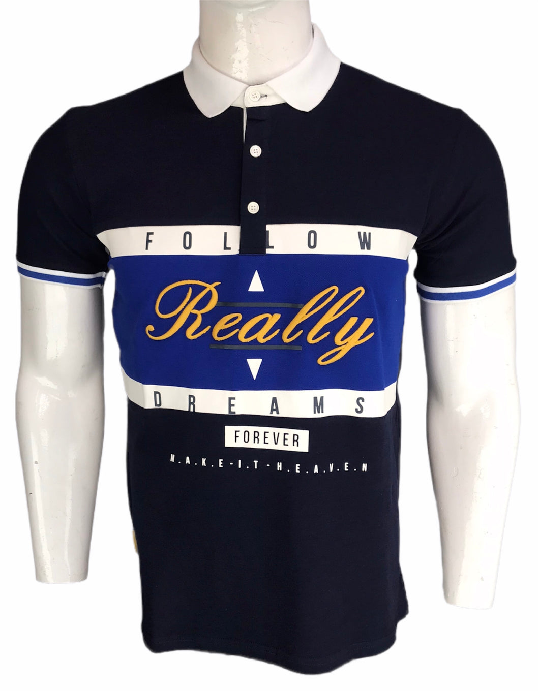 Typographic print polo T shirt with Tape panel detail and short sleeves